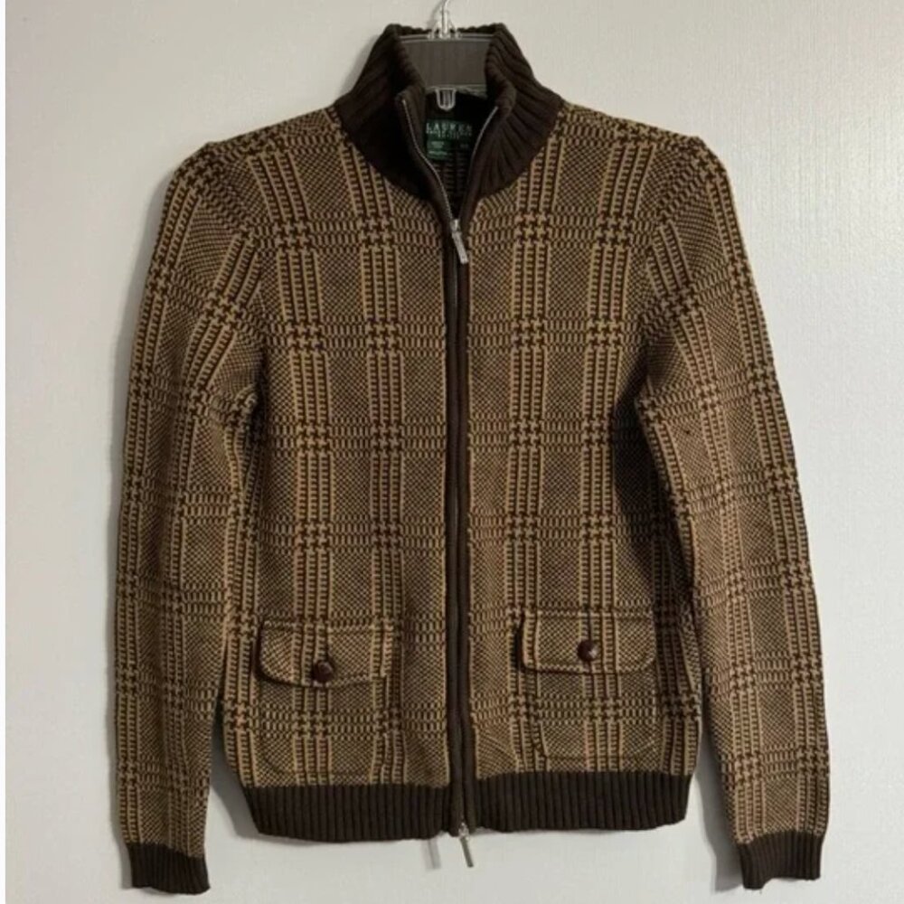 Lauren Ralph Lauren Brown Plaid Zip-Front Crewneck Sweater